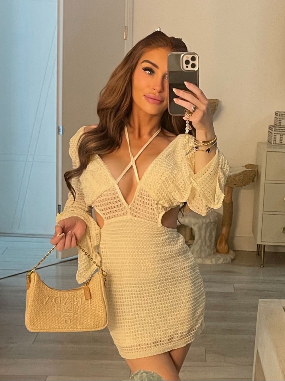 🪞Versatile White Crochet Long-Sleeve Mini Dress with Plunge Neck XS/Worn Once!🪞